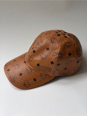 MCM Brown Monogram Leather Cap Genuine Leather Made in Italy